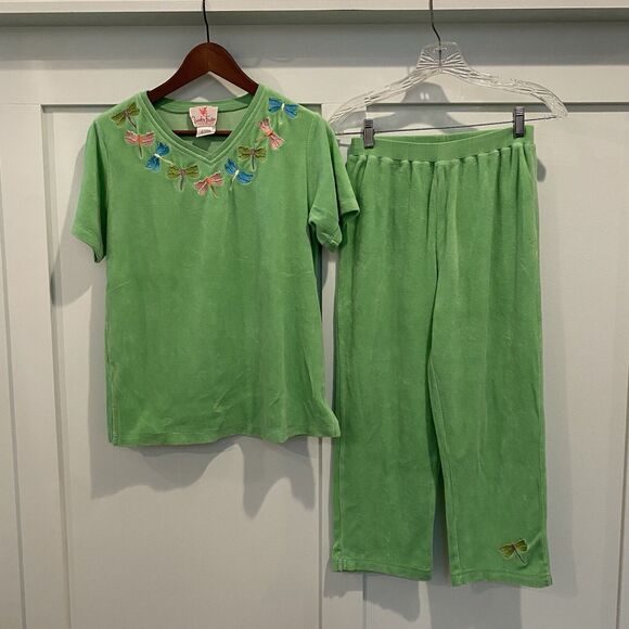 Quacker Factory Top Women XS Green Terry Cloth Dragonfly Beaded Embroidered - Picture 9 of 9